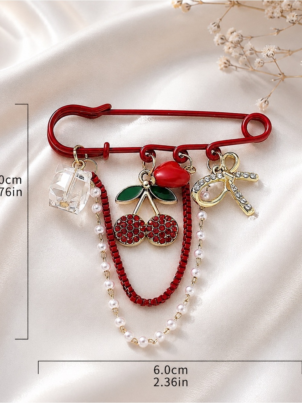 Red Cherry Charm Safety Pin Brooch - Picture 5 of 9